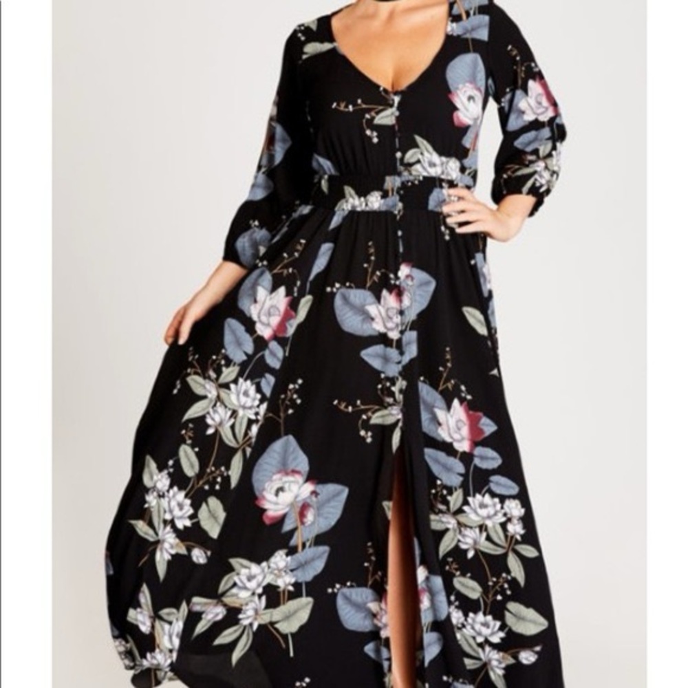 City Chic Button Front Maxi black and Blue Floral Dress - Picture 12 of 12